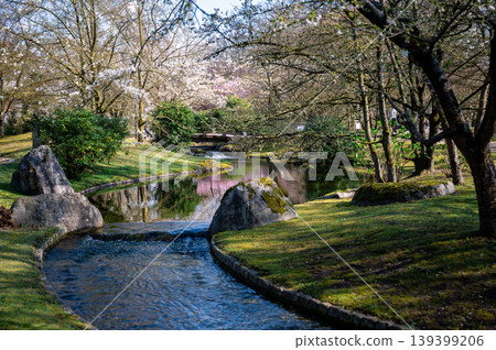 Serene garden stream. Peaceful winding creek flowing through lush garden surroundings Serene garden stream. Peaceful winding creek flowing through lush garden surroundings 139399206