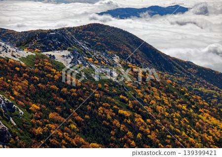 Autumn foliage slopes and sea of clouds as seen from Mt. Kannon in the Southern Alps, Houou Sanzan. 139399421