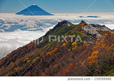 從南阿爾卑斯山的觀音山(鳳凰三山)上看到的藥師山和富士山的秋葉在雲層之上。 從南阿爾卑斯山的觀音山(鳳凰三山)上看到的藥師山和富士山的秋葉在雲層之上。 139399466