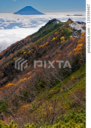Autumn foliage on Mt. Yakushi and Mt. Fuji above the clouds, as seen from Mt. Kannon in the Southern Alps, Houou Sanzan. Autumn foliage on Mt. Yakushi and Mt. Fuji above the clouds, as seen from Mt. Kannon in the Southern Alps, Houou Sanzan. 139399467