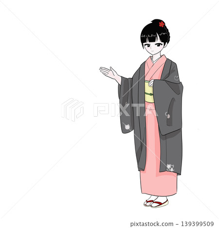 A woman in a kimono and haori jacket, guiding with one hand, hand on her chest, serving customers, directing them, Japanese style. 139399509