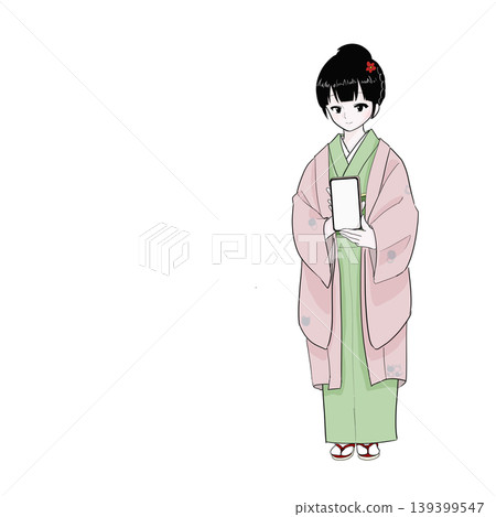 一位身穿和服和羽織外套的女子展示她的智慧型手機,提供訊息,並以日式風格為顧客服務。 一位身穿和服和羽織外套的女子展示她的智慧型手機,提供訊息,並以日式風格為顧客服務。 139399547