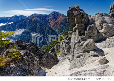 The Shiramine Three Peaks as seen from Akanukizawa-no-atama, part of the Southern Alps' Houou Three Peaks. 139400040