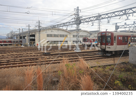 Kintetsu Saidaiji Depot with Multiple Trains Parked Nov 27 2025 Kintetsu Saidaiji Depot with Multiple Trains Parked Nov 27 2025 139400235