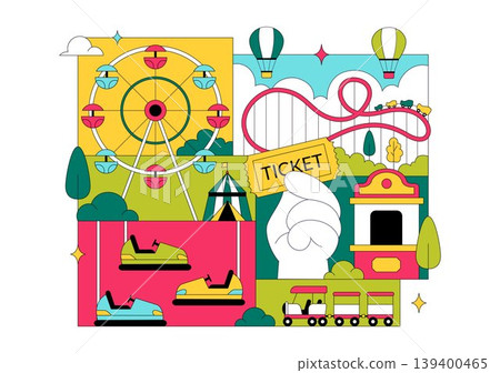 Amusement Park Vector Illustration Featuring Ferris Wheel, Roller Coaster, Carousel, and Colorful Funfair Attractions Theme Design Amusement Park Vector Illustration Featuring Ferris Wheel, Roller Coaster, Carousel, and Colorful Funfair Attractions Theme Design 139400465