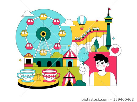 Amusement Park Vector Illustration Featuring Ferris Wheel, Roller Coaster, Carousel, and Colorful Funfair Attractions Theme Design Amusement Park Vector Illustration Featuring Ferris Wheel, Roller Coaster, Carousel, and Colorful Funfair Attractions Theme Design 139400468