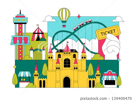Amusement Park Vector Illustration Featuring Ferris Wheel, Roller Coaster, Carousel, and Colorful Funfair Attractions Theme Design Amusement Park Vector Illustration Featuring Ferris Wheel, Roller Coaster, Carousel, and Colorful Funfair Attractions Theme Design 139400470