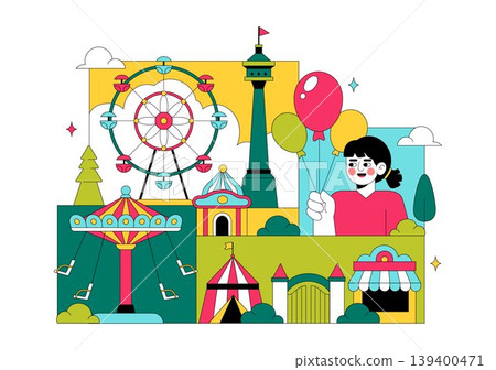Amusement Park Vector Illustration Featuring Ferris Wheel, Roller Coaster, Carousel, and Colorful Funfair Attractions Theme Design Amusement Park Vector Illustration Featuring Ferris Wheel, Roller Coaster, Carousel, and Colorful Funfair Attractions Theme Design 139400471