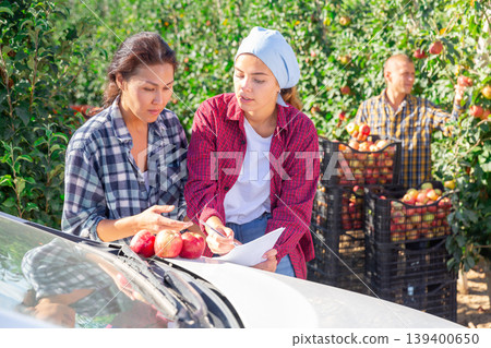 Woman farmer discussing documents with female partner in garden during apple harvest 139400650