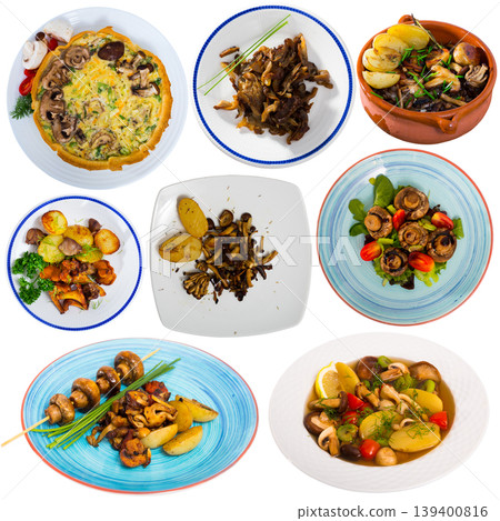 Delicious different dish with mushrooms cooked at clay pots and plates Delicious different dish with mushrooms cooked at clay pots and plates 139400816