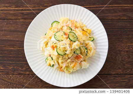 Potato salad, a home-style dish with cucumber, ham, and hard-boiled egg. Potato salad, a home-style dish with cucumber, ham, and hard-boiled egg. 139401406