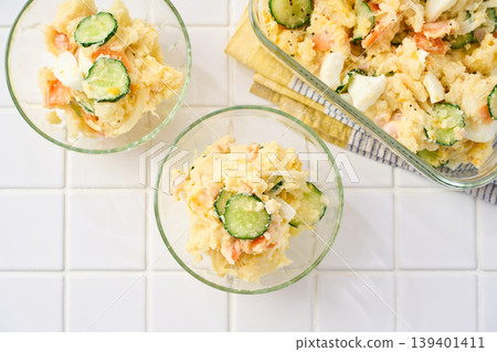 Potato salad, a home-style dish with cucumber, ham, and hard-boiled egg. Potato salad, a home-style dish with cucumber, ham, and hard-boiled egg. 139401411