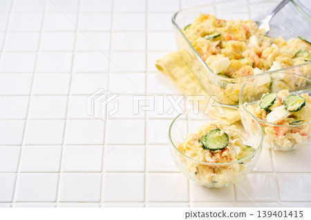 Potato salad, a home-style dish with cucumber, ham, and hard-boiled egg. Potato salad, a home-style dish with cucumber, ham, and hard-boiled egg. 139401415