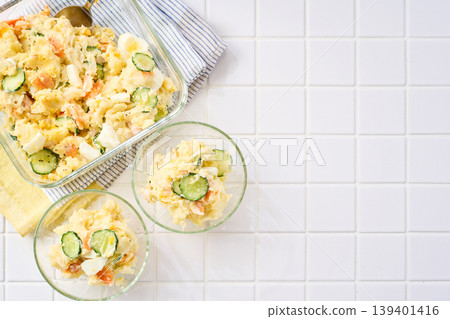 Potato salad, a home-style dish with cucumber, ham, and hard-boiled egg. Potato salad, a home-style dish with cucumber, ham, and hard-boiled egg. 139401416