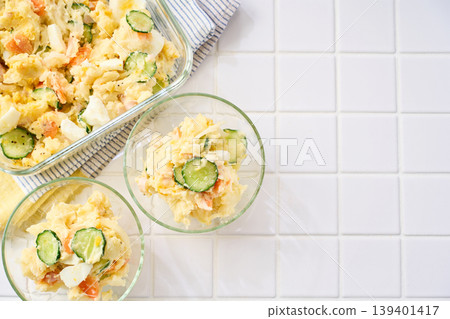 Potato salad, a home-style dish with cucumber, ham, and hard-boiled egg. Potato salad, a home-style dish with cucumber, ham, and hard-boiled egg. 139401417