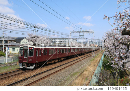 A Hankyu 8300 series train running near Nishiyama Tennozan Station, where cherry blossoms are in bloom. A Hankyu 8300 series train running near Nishiyama Tennozan Station, where cherry blossoms are in bloom. 139401435