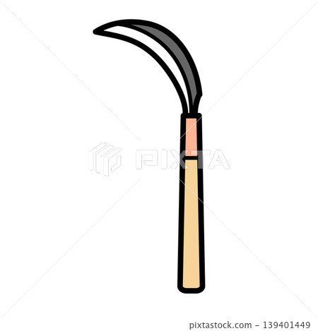 Illustration material: Vector illustration of a sickle used for farm work, characterized by its curved blade. 139401449