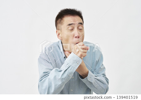 Senior man coughing on white background Senior man coughing on white background 139401519