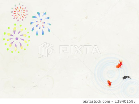 Watercolor Japanese-style background material featuring goldfish and fireworks | Summer, summer greetings, washi paper texture, with copy space Watercolor Japanese-style background material featuring goldfish and fireworks | Summer, summer greetings, washi paper texture, with copy space 139401593
