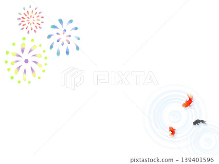 Watercolor Japanese-style background material featuring goldfish and fireworks | Summer, summer greetings, white background, with copy space 139401596