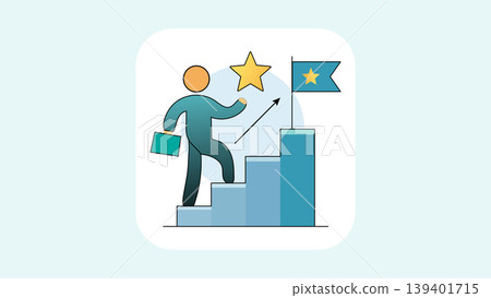 Business Person Climbing Steps Toward Goal With Briefcase, Star Achievement And Growth Flag Business Person Climbing Steps Toward Goal With Briefcase, Star Achievement And Growth Flag 139401715