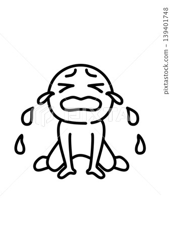 A simple line drawing illustration of a character sitting down and crying uncontrollably. A simple line drawing illustration of a character sitting down and crying uncontrollably. 139401748