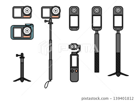 Illustration material: Vector illustration of a set of filming equipment including an action camera, 360-degree camera, and selfie stick. 139401812