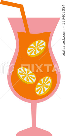 Summer Citrus Cocktail Drink with Lemon Slices in Glass Flat Illustration 139402054