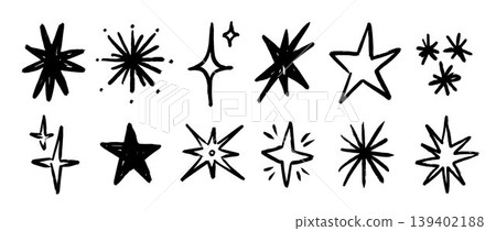 Black crayon hand drawn stars collection. Grunge rough brush stroke shine element pack for collage, poster, sticker, label. Childish doodle sparks and sparkles set. Vector wax pencil sketch asterisks Black crayon hand drawn stars collection. Grunge rough brush stroke shine element pack for collage, poster, sticker, label. Childish doodle sparks and sparkles set. Vector wax pencil sketch asterisks 139402188