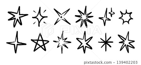 Black crayon hand drawn stars collection. Grunge rough brush stroke shine element pack for collage, poster, sticker, label. Childish doodle sparks and sparkles set. Vector wax pencil sketch asterisks 139402203