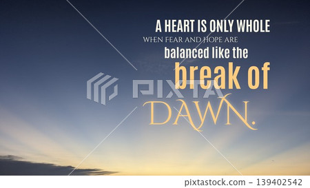 Inspirational quote about hope, fear, dawn sits over soft morning sky. Peaceful blue, yellow gradients create calm atmosphere. Perfect for social media, spiritual themes, motivation, background. Inspirational quote about hope, fear, dawn sits over soft morning sky. Peaceful blue, yellow gradients create calm atmosphere. Perfect for social media, spiritual themes, motivation, background. 139402542