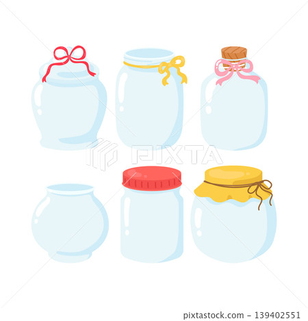 Variety of empty glass jar flat cartoon style 139402551