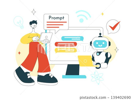 Prompt Engineering Illustration Featuring AI Chatbot Interaction, Coding Interface, and Creative Text Input Concept With Modern Technology Design Prompt Engineering Illustration Featuring AI Chatbot Interaction, Coding Interface, and Creative Text Input Concept With Modern Technology Design 139402690