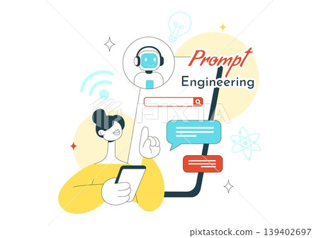 Prompt Engineering Illustration Featuring AI Chatbot Interaction, Coding Interface, and Creative Text Input Concept With Modern Technology Design 139402697