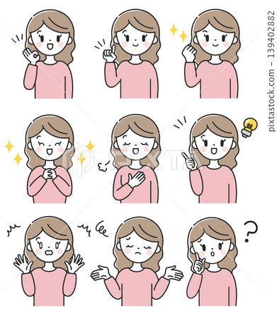 一組不同女性臉部表情和姿勢的圖片。 一組不同女性臉部表情和姿勢的圖片。 139402882