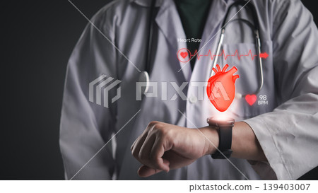 Doctor checking smartwatch with 3D heart rate monitor hologram and ECG line. Medical cardiology technology, 98 BPM pulse tracking, and wearable health device concept. 139403007