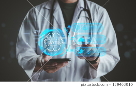 Doctor using smartphone with AI artificial intelligence brain interface. Futuristic medical analysis of lungs, stomach, and health diagnosis technology. Smart healthcare hologram concept. 139403010