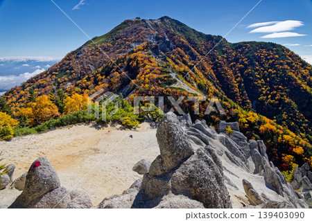 從南阿爾卑斯山的赤貫澤之魂眺望觀音山的秋葉,鳳凰三山。 從南阿爾卑斯山的赤貫澤之魂眺望觀音山的秋葉,鳳凰三山。 139403090
