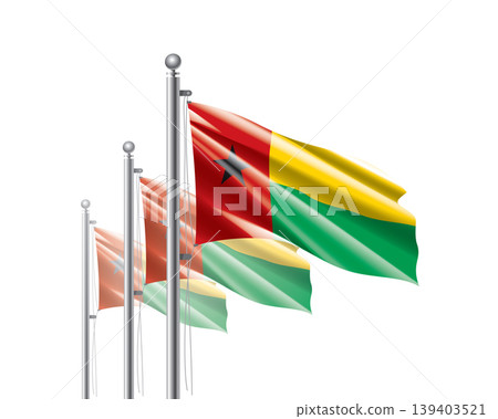 Brightly shining Guinea Bissau flags wave proudly on tall masts during official celebration events Brightly shining Guinea Bissau flags wave proudly on tall masts during official celebration events 139403521