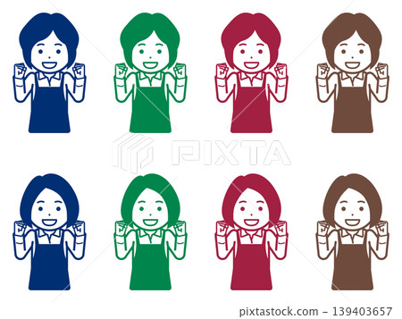 【不同髮型】身穿圍裙的女性擺出勝利姿勢的圖標 【不同髮型】身穿圍裙的女性擺出勝利姿勢的圖標 139403657