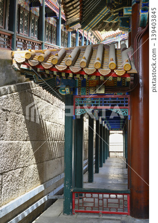 Decorated gallery of ancient Buddhist Foxiange Temple in Yiheyuan Park in Beijing, China Decorated gallery of ancient Buddhist Foxiange Temple in Yiheyuan Park in Beijing, China 139403845