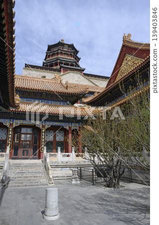 Courtyard of the ancient Buddhist Foxiange Temple in Yiheyuan Park in Beijing, China Courtyard of the ancient Buddhist Foxiange Temple in Yiheyuan Park in Beijing, China 139403846