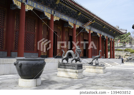 Entrance at Benevolence and Longevity Hall (Renshoudian) with Dragon and Phoenix statues In Beijing 139403852