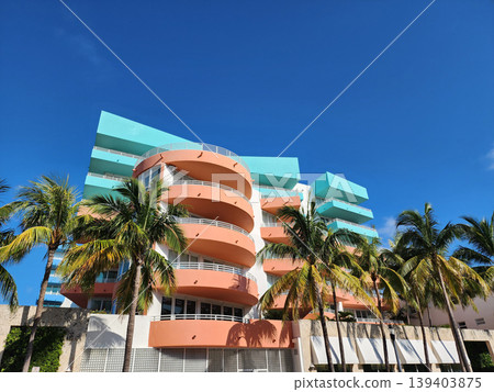 Art Deco. Modern building of Miami beach. Ocean drive. Miami South Beach in Ocean Drive. Art Deco building architecture. Architectural building. Art deco architectural district. Color Palette Art Deco. Modern building of Miami beach. Ocean drive. Miami South Beach in Ocean Drive. Art Deco building architecture. Architectural building. Art deco architectural district. Color Palette 139403875