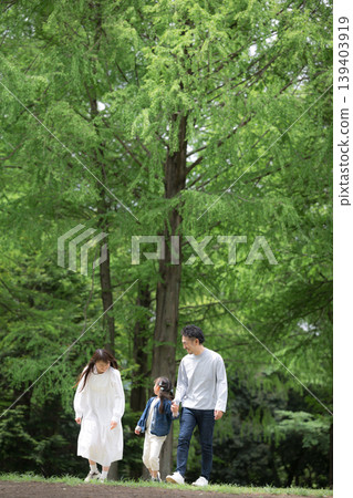 幸福的家庭生活：手牽手漫步在綠樹環繞的公園。 （全身豎幅） 139403919