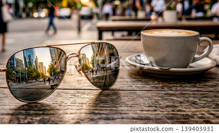 Sunglasses and coffee on a cafe table Sunglasses and coffee on a cafe table 139403931