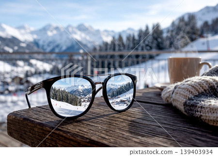 太陽眼鏡映照著白雪皚皚的山峰和一家冬日咖啡館 太陽眼鏡映照著白雪皚皚的山峰和一家冬日咖啡館 139403934