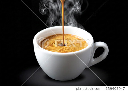 Coffee poured into a cup with a black background Coffee poured into a cup with a black background 139403947