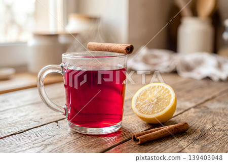 一種加了肉桂和檸檬的紅色飲料 一種加了肉桂和檸檬的紅色飲料 139403948