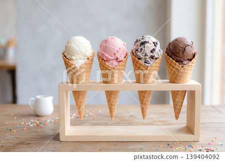 Colorful ice cream displayed on a wooden stand Colorful ice cream displayed on a wooden stand 139404092